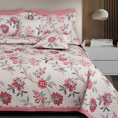 Floral Beige & Pink 100% Cotton Quilted Bedcover Set – King Size 5-Piece