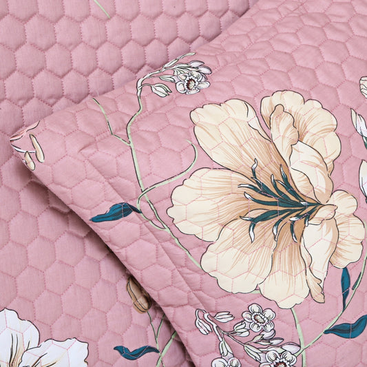 Pink Floral Quilted Cotton Bedcover Set – King Size 5-Piece Luxury Bedding