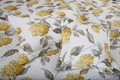 Grey & Yellow Botanical Cotton Quilted Bedcover Set – King Size 5-Piece Bedding