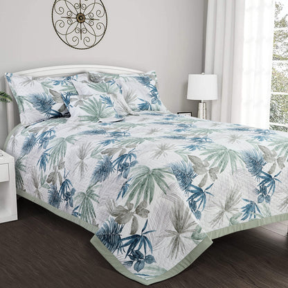 White Botanical Quilted Bedcover Set – 5-Piece King Size | 100% Cotton