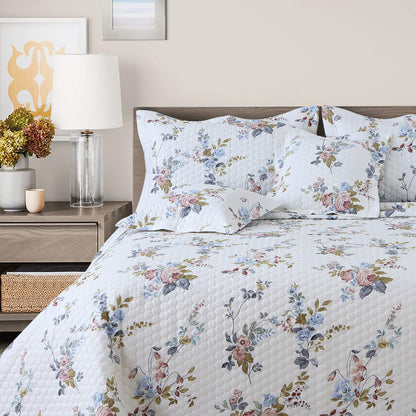 Elegant White Floral King Size 5 Pieces Quilted Cotton Bedcover Set