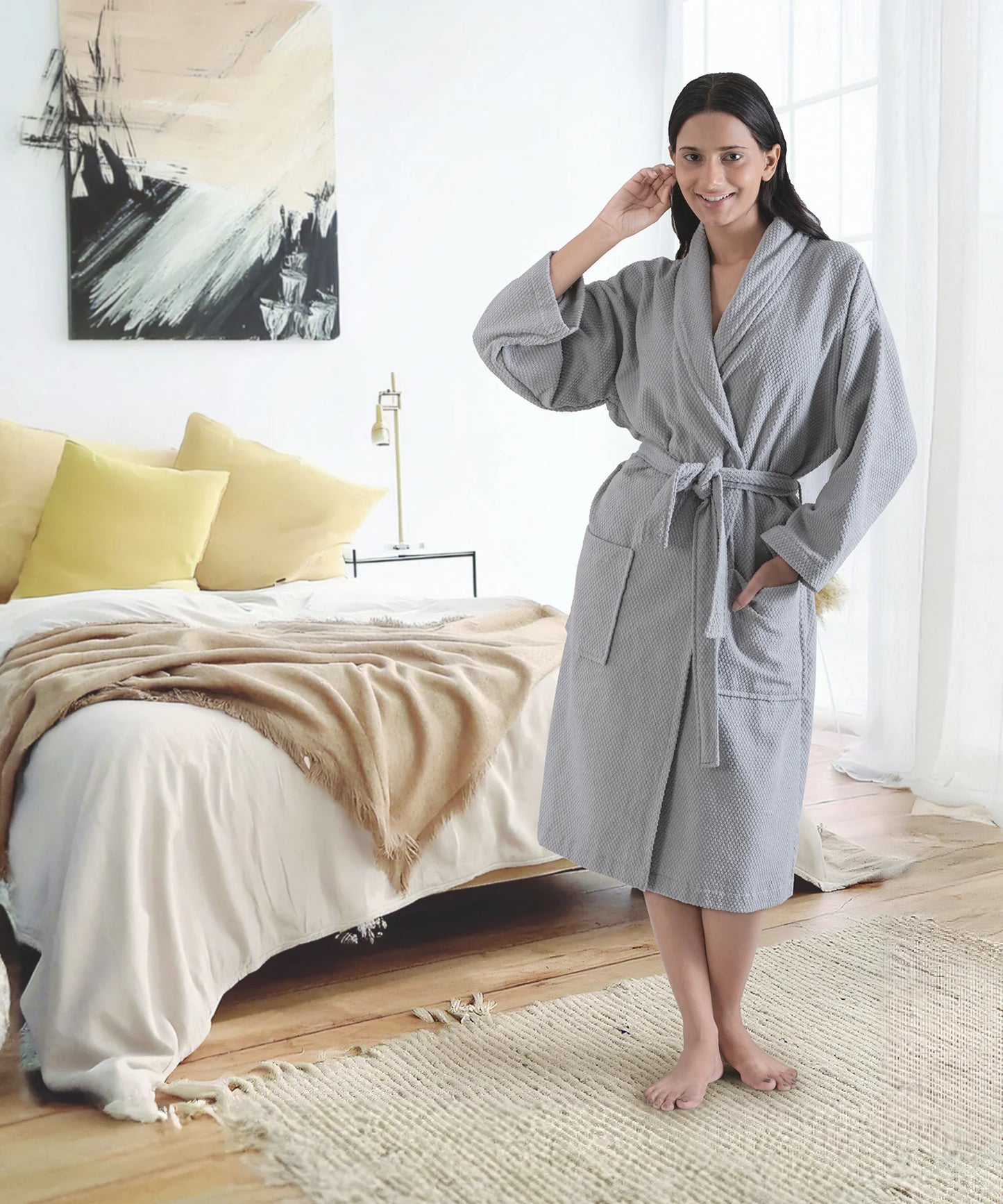 Unisex Cotton Bathrobe – Soft Velour, Shawl Collar