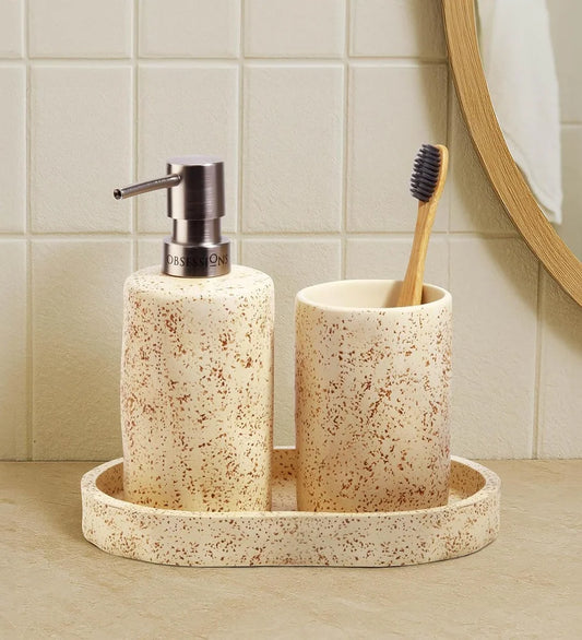 Obsessions 3-Piece Polyresin Bathroom Accessory Set – Beige Textured Lightweight & Compact