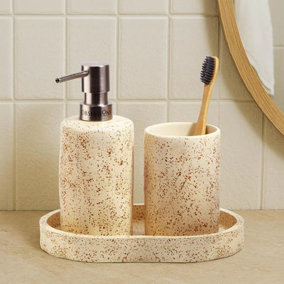 Shop premium Obsessions 3-Piece Polyresin Bathroom Accessory Set – Beige Textured Lightweight & Compact at AtoZ Home Decor