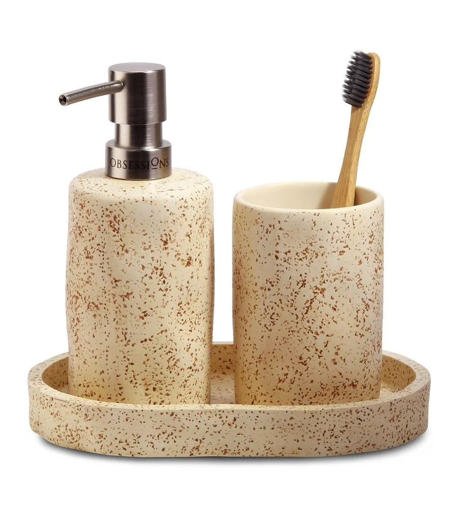 Obsessions 3-Piece Polyresin Bathroom Accessory Set – Beige Textured Lightweight & Compact