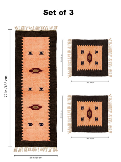 Atoz Home Decor Traditional Geometric Cotton Chenille Runner and Mat Set Of 3|Beige-Brown & Orange-Brown