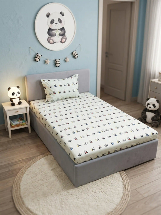 Panda Theme Cotton Kids Single Bedsheet Set