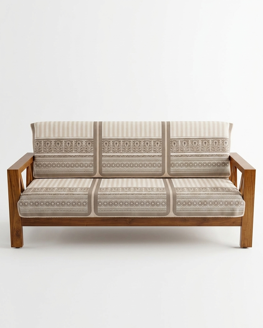 Beige Printed Cotton Sofa Slipover Cover Set | 3-Seater & 5-Seater