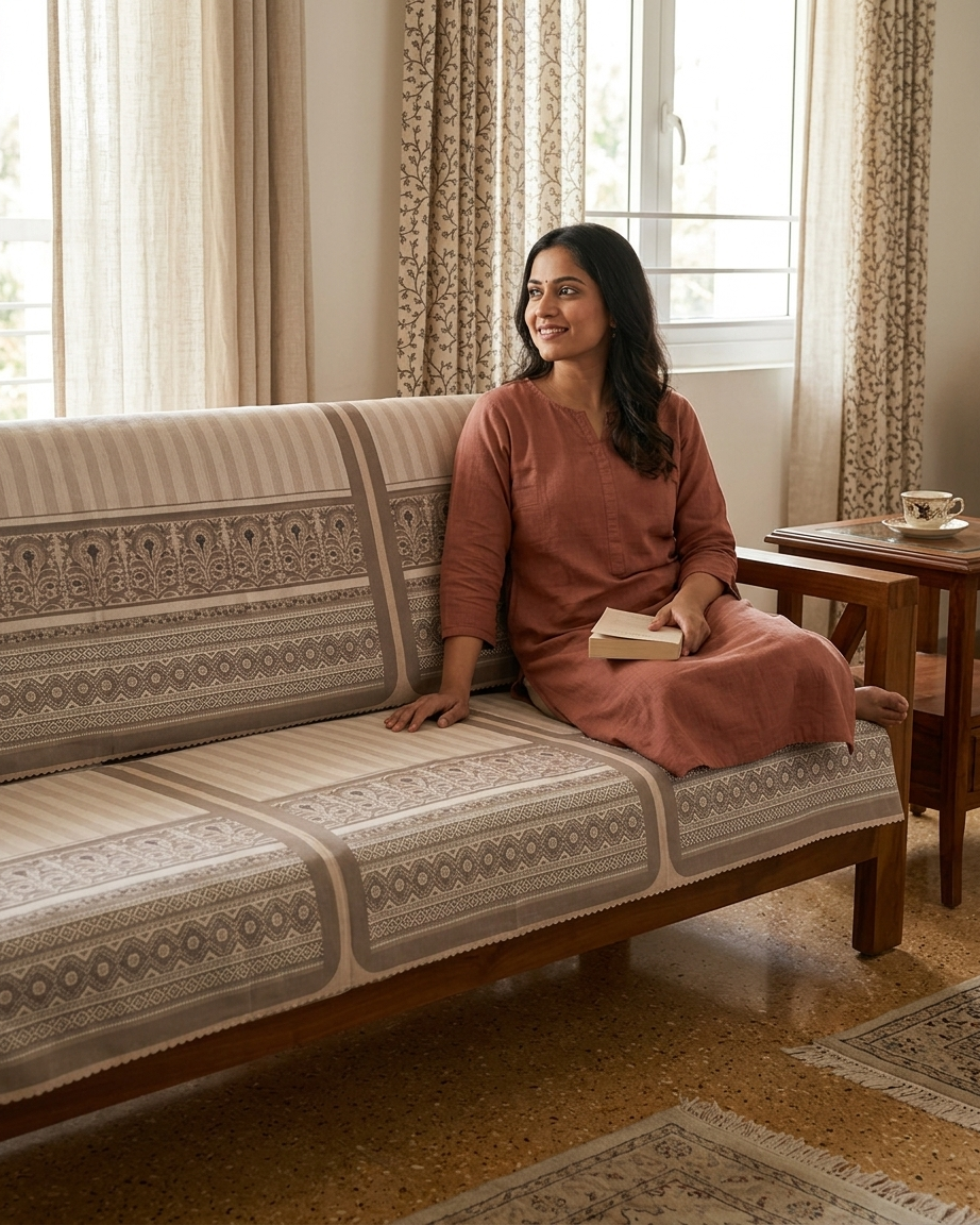 Beige Printed Cotton Sofa Slipover Cover Set | 3-Seater & 5-Seater