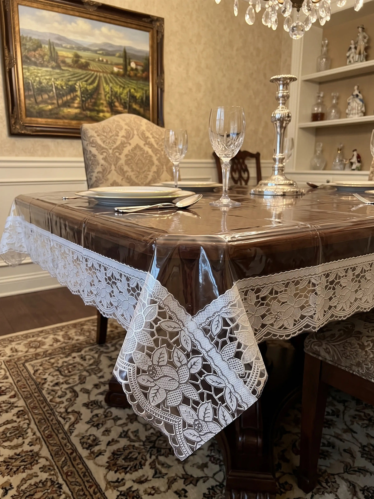 Freelance Tuscany Transparent Plastic Table Cover with White Lace edges | 54x78 inches