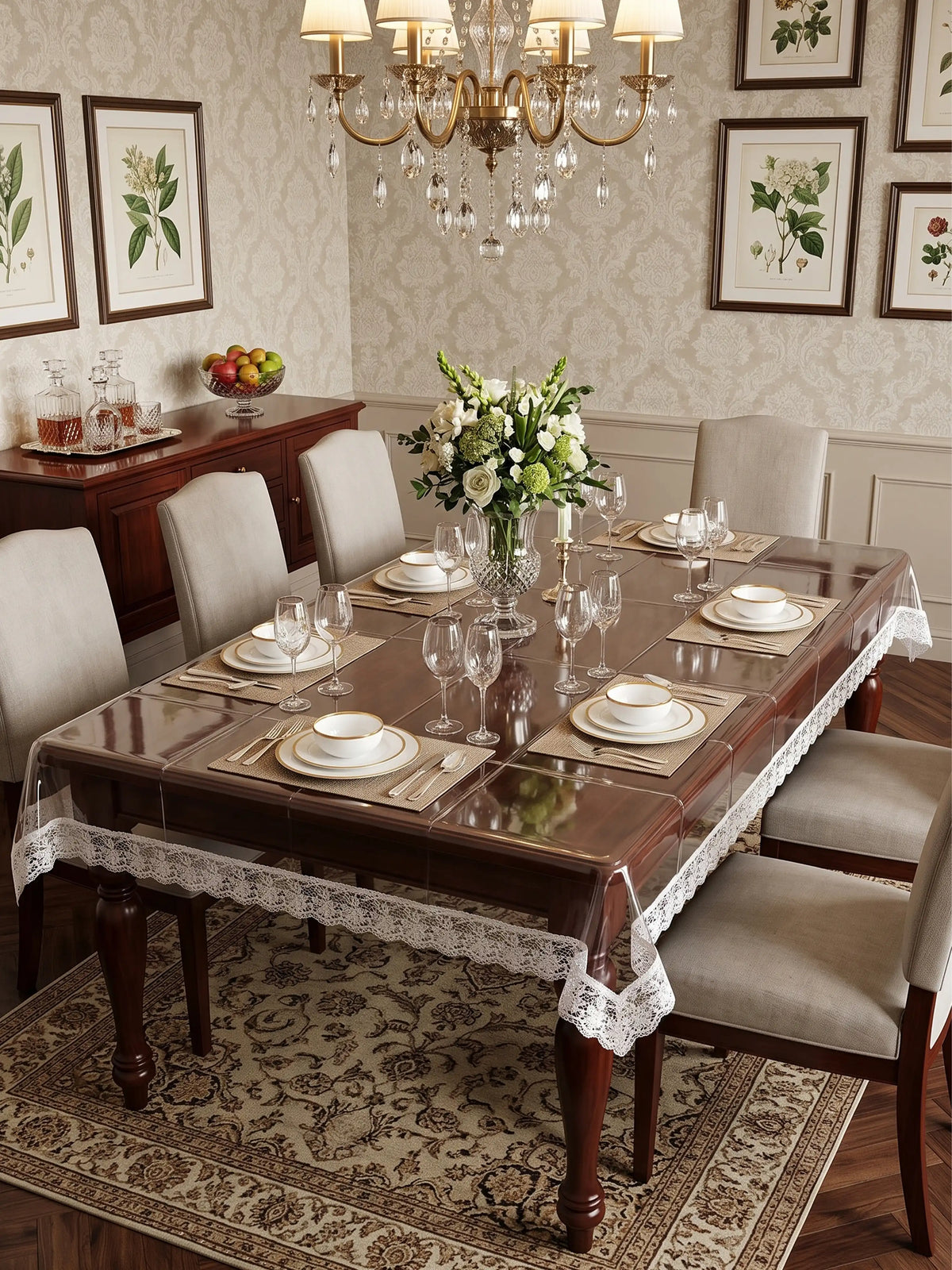 Freelance Tuscany Transparent Plastic Table Cover with White Lace edges | 54x78 inches