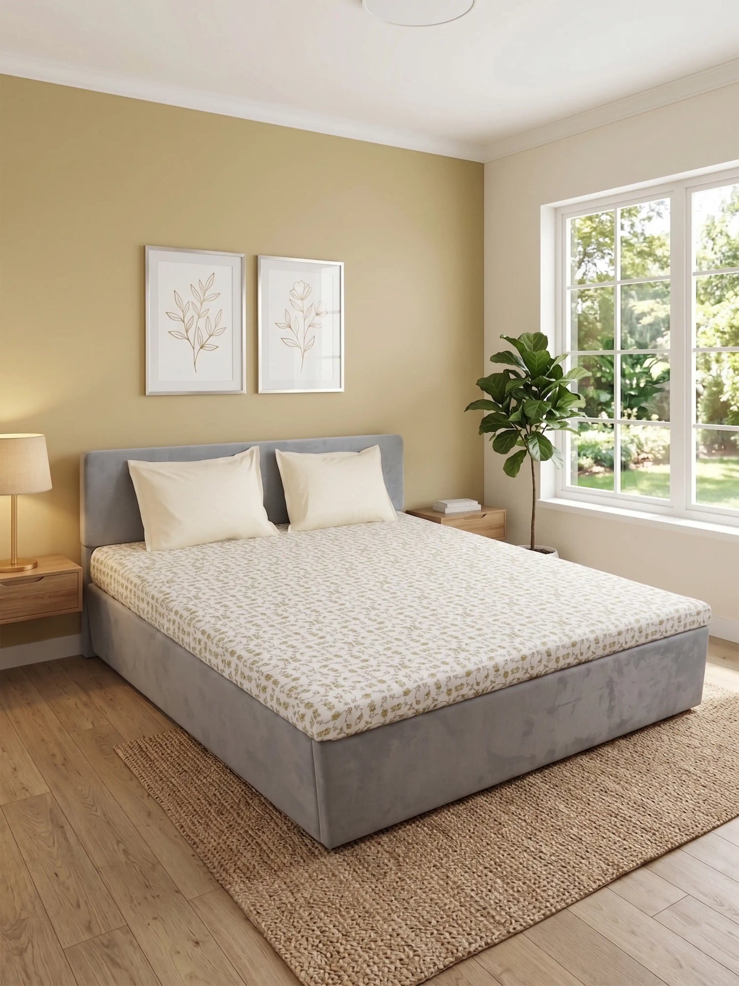 Classic Taupe Floral Cotton Double Bedsheet Set