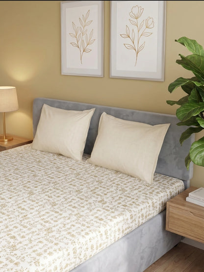 Classic Taupe Floral Cotton Double Bedsheet Set