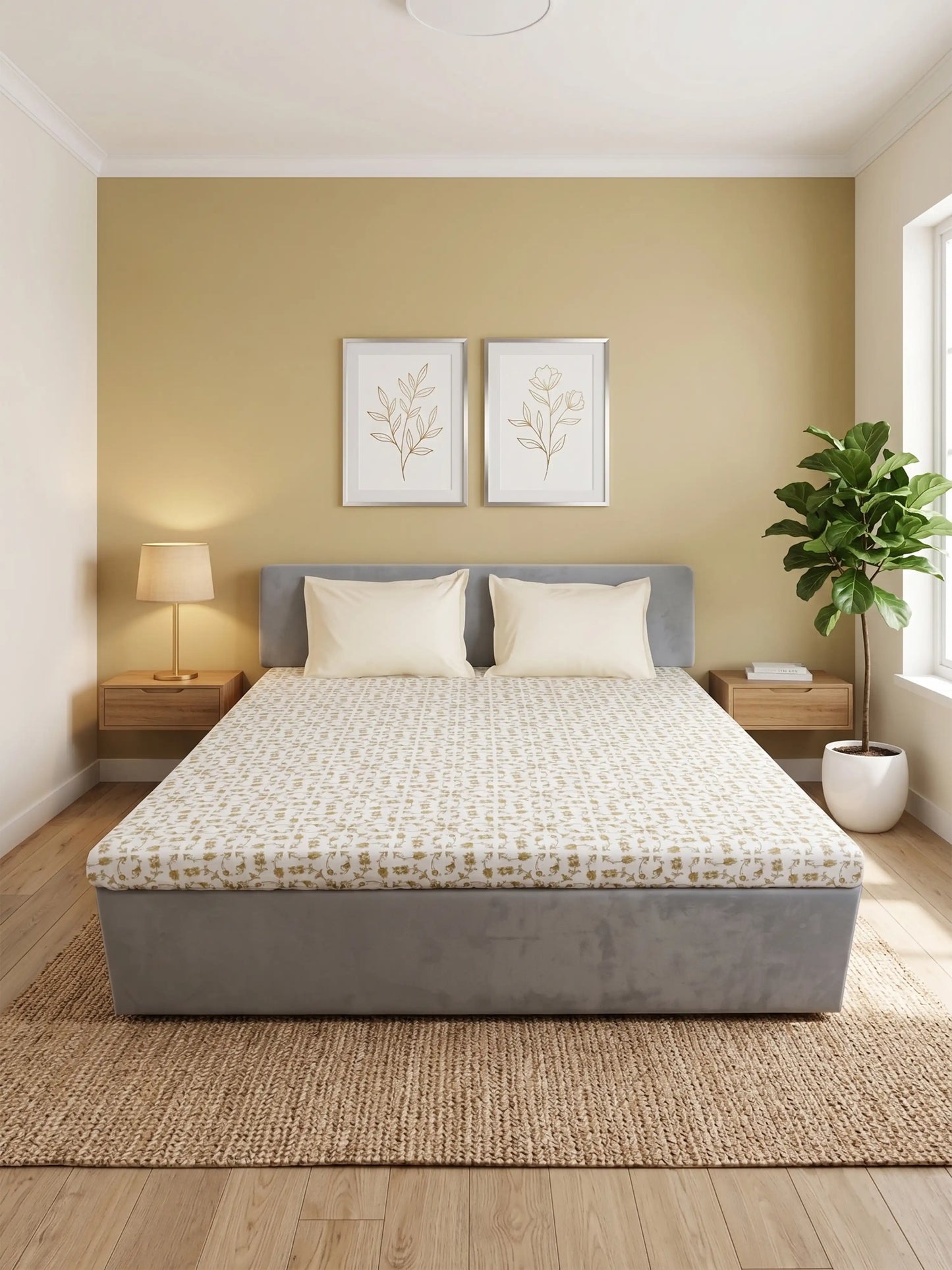 Classic Taupe Floral Cotton Double Bedsheet Set