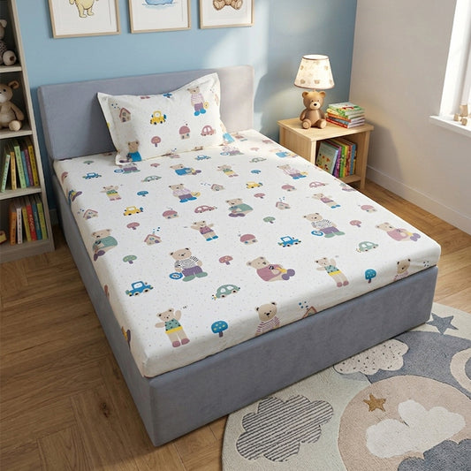 Teddy and Car Kids Cotton Bedsheet Set