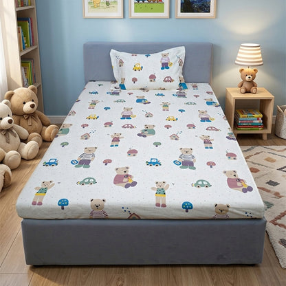 Teddy and Car Kids Cotton Bedsheet Set
