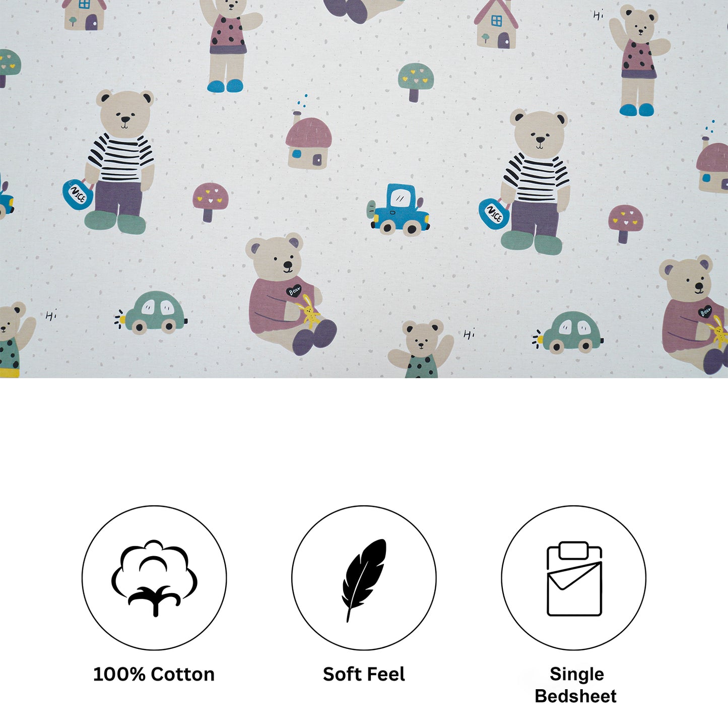 Teddy and Car Kids Cotton Bedsheet Set