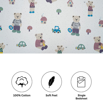 Teddy and Car Kids Cotton Bedsheet Set