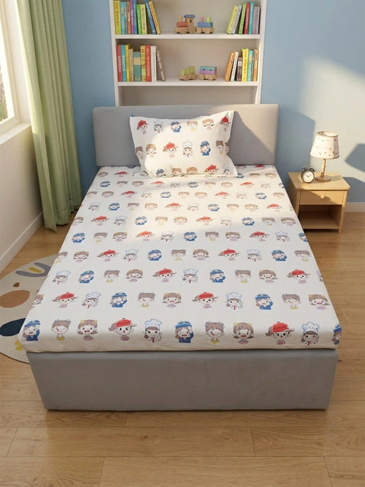 Cartoon Career Kids Cotton Bedsheet Set (Cream & Blue)