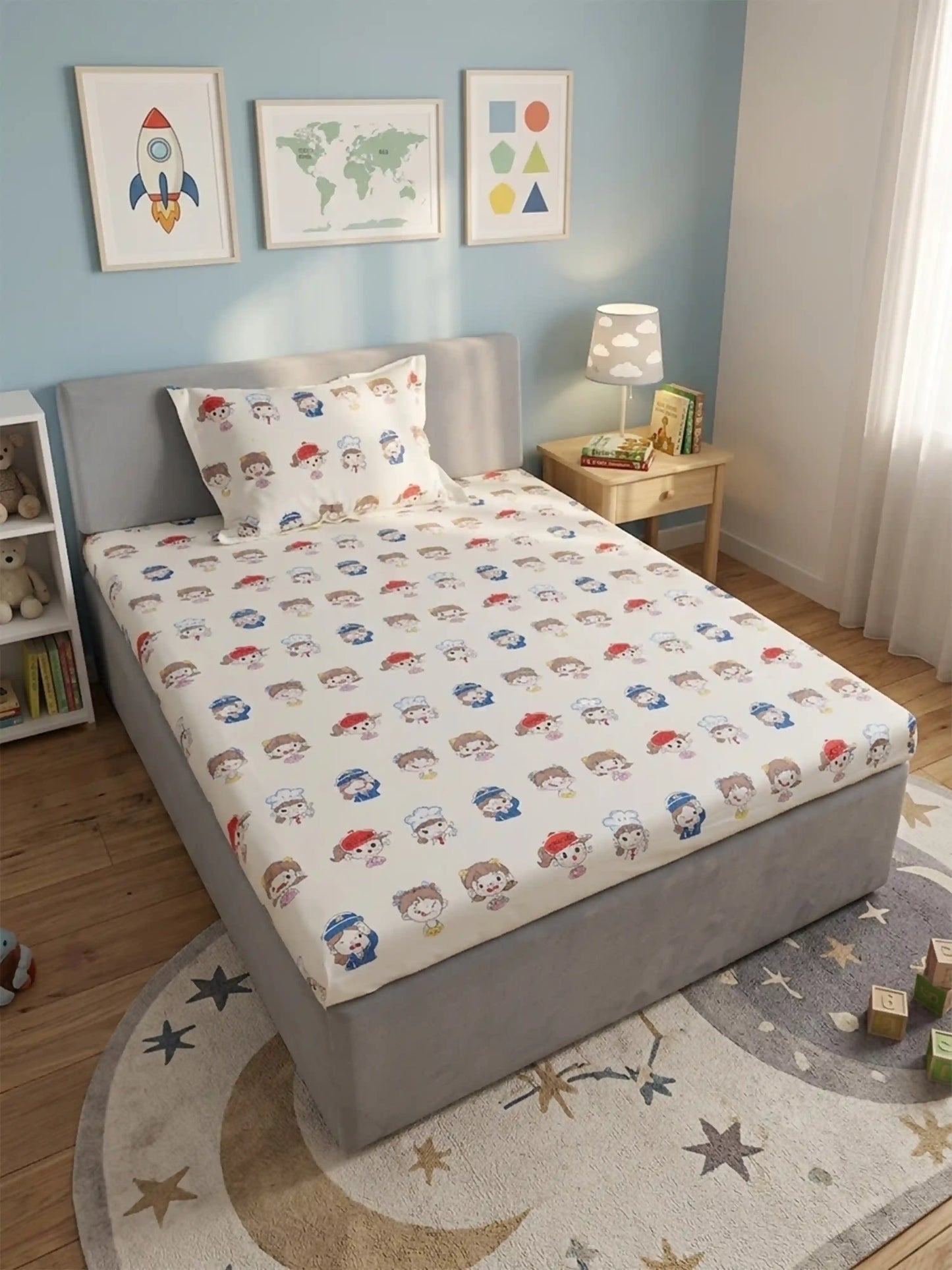 Cartoon Career Kids Cotton Bedsheet Set (Cream & Blue)