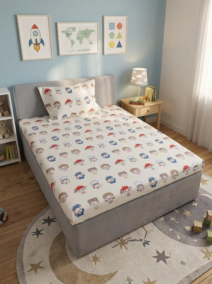 Cartoon Career Kids Cotton Bedsheet Set (Cream & Blue)