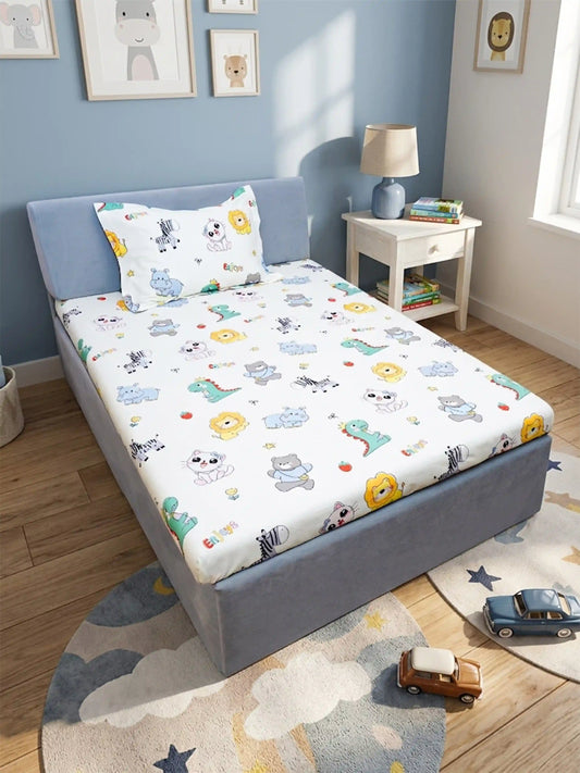 Children's room with a bed featuring a colorful bedding set and toys on the floor.