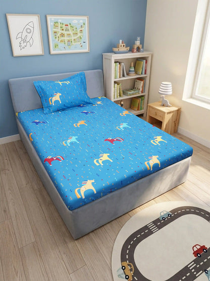 Unicorn Graphics Kids Bedsheet Set (Navy Blue)